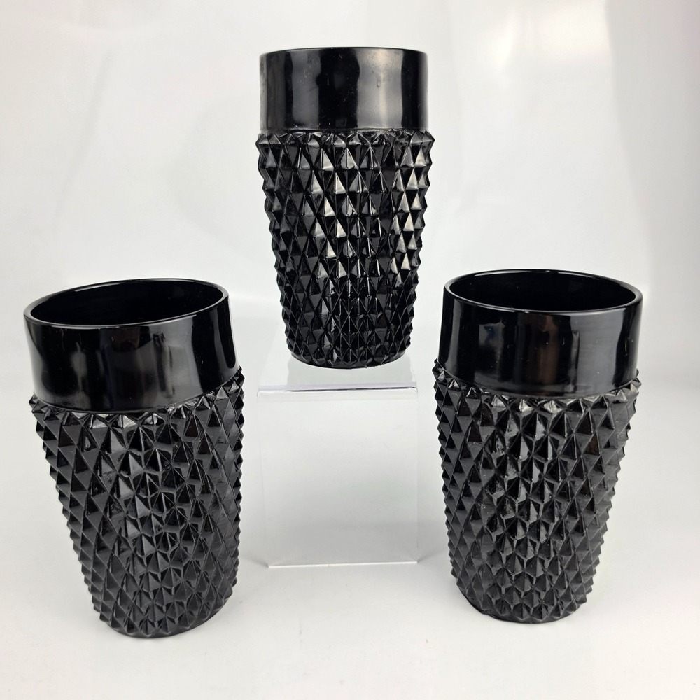 Tiara Exclusive Cameo Black Diamond Point Iced Tea Glass Tumblers Set of 3 NOS